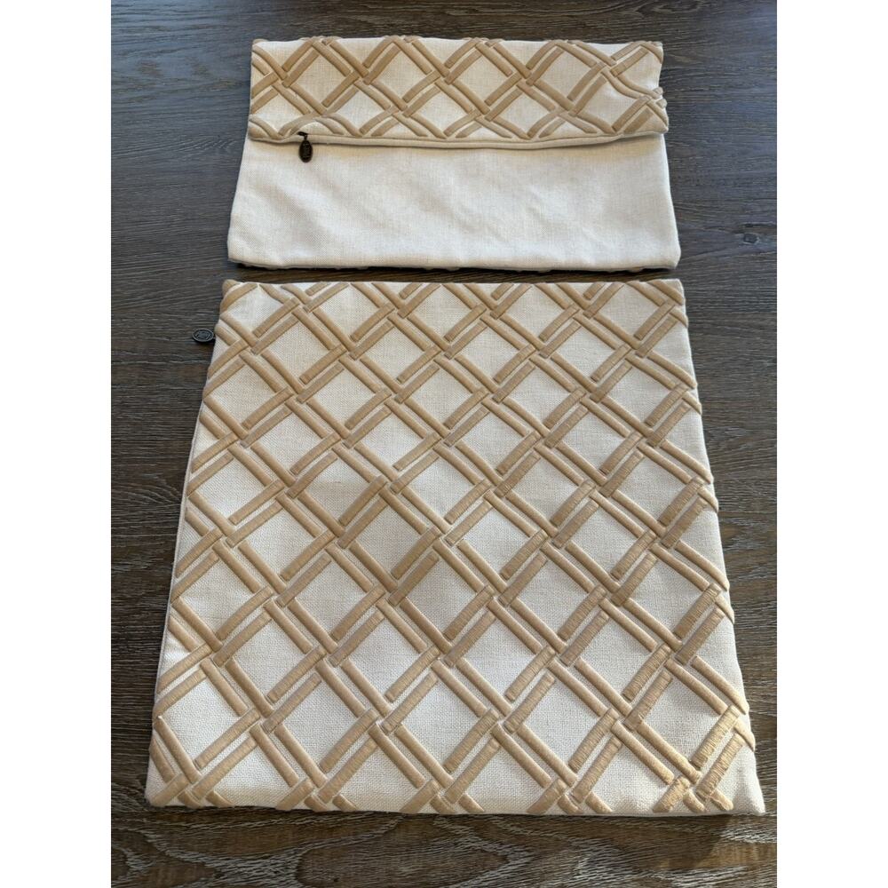 Pier 1 Pillow‎ Cover Embroidered Raised LT Brown/Tan Lines "18x18” Set Of 2 NWOT